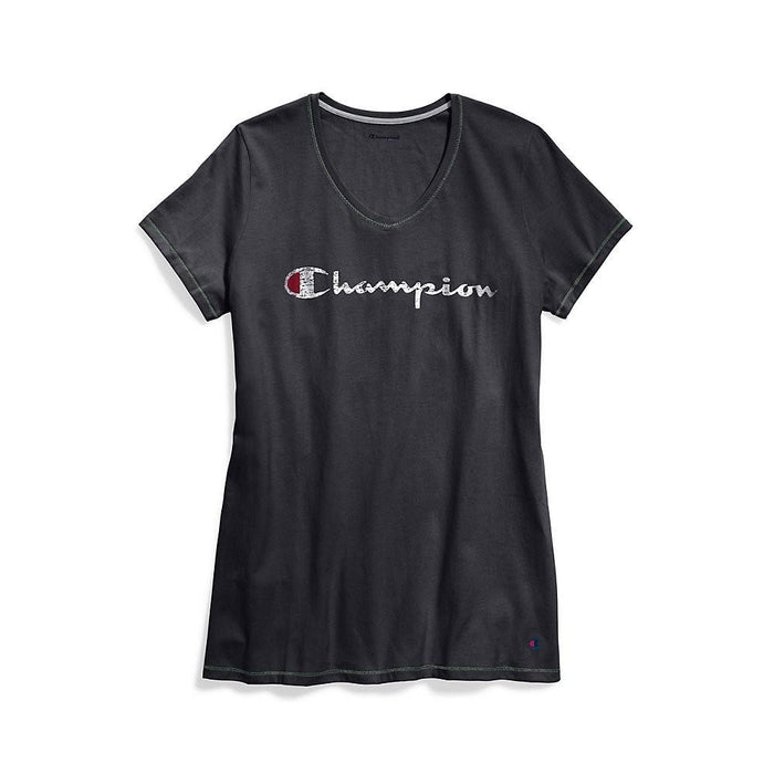 Champion T-Shirt Femenino Plus_V_Neck_Tee_Graphic Oxford_Gray Black