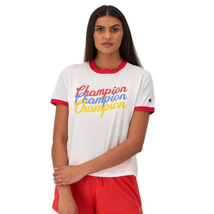 Champion Remeras Femenino Moda Ringer Tee White/Solar Crimson