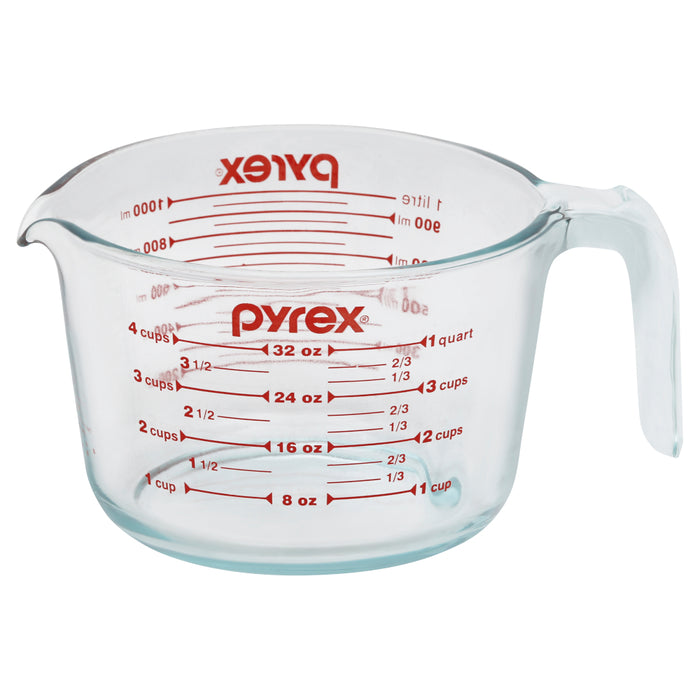 071160010765 PYREX PREPWARE 1L MEDIDOR CUP- RED GRAPHICS- CLEAR