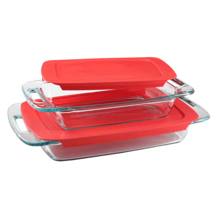 071160060616 PYREX EASY GRAB 4-PZ OBLONG BAKING DISH 2.85 Y 1.9 L C/TAPA PLASTICO ROJO