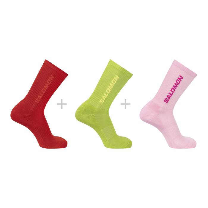 Salomon Medias Unisex Moda Socks Everyday Crew 3-Pack Flame Scarlet/red/green/pink
