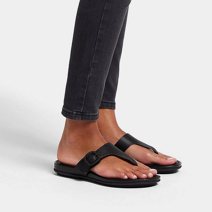 FitFlop Sandalias Femenino Gracie Rubber-Buckle Leather Toe-Post Sandals All Black